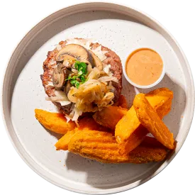 16 - Paleo Turkey Burger with Swiss Cheese, Mushrooms and Sweet Potato Wedges