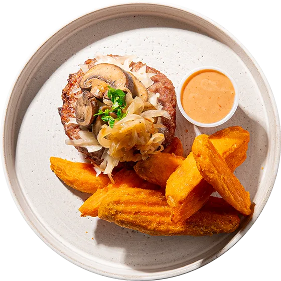 16 - Paleo Turkey Burger with Swiss Cheese, Mushrooms and Sweet Potato Wedges