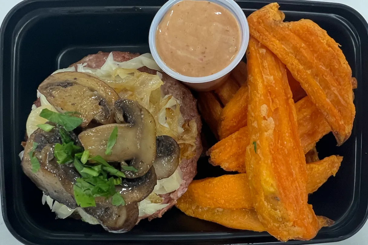 16 - Paleo Turkey Burger with Swiss Cheese, Mushrooms and Sweet Potato Wedges