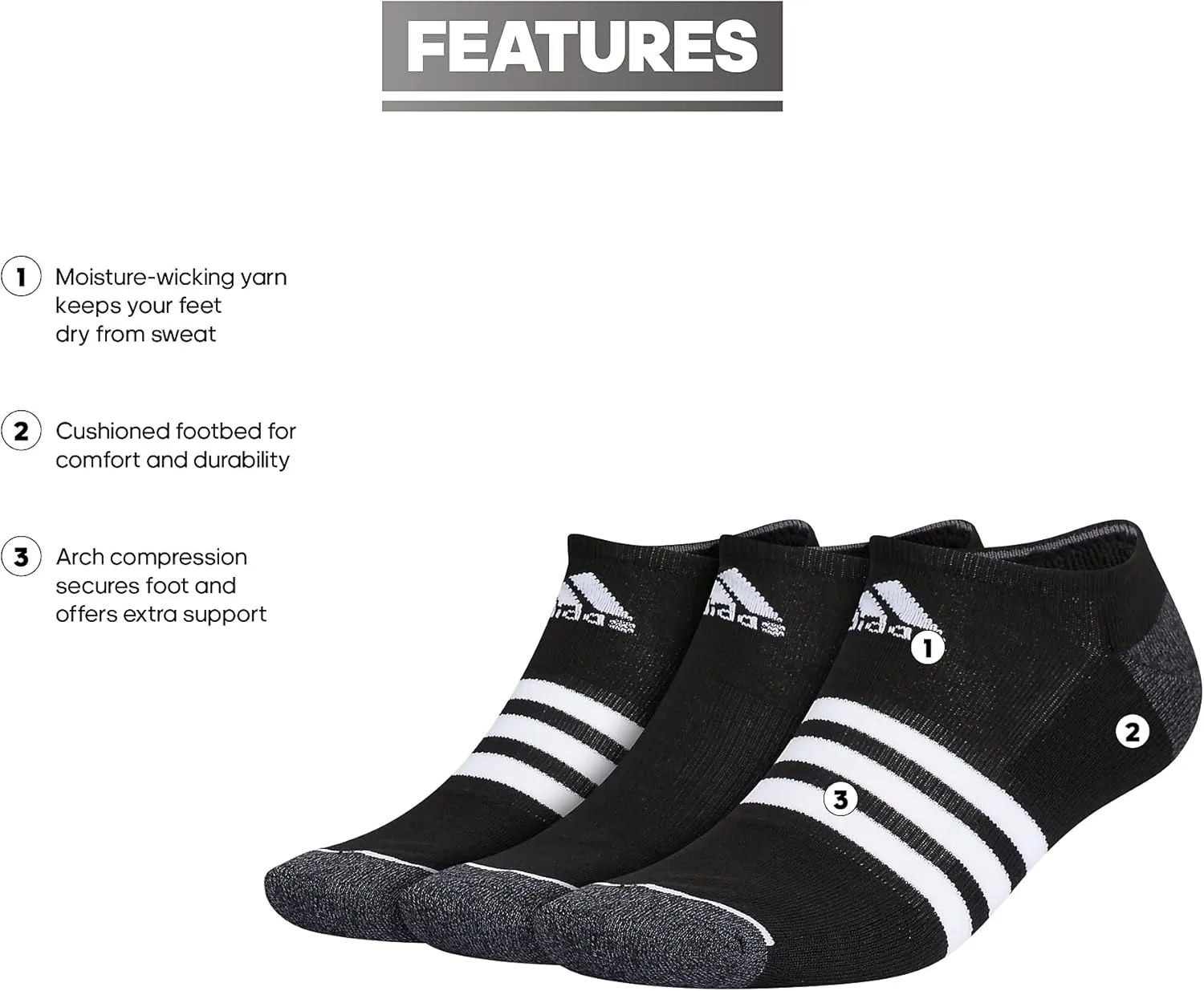 adidas Men's 3-Stripe No Show Socks with Arch Compression for a Secure Fit (3-Pair)