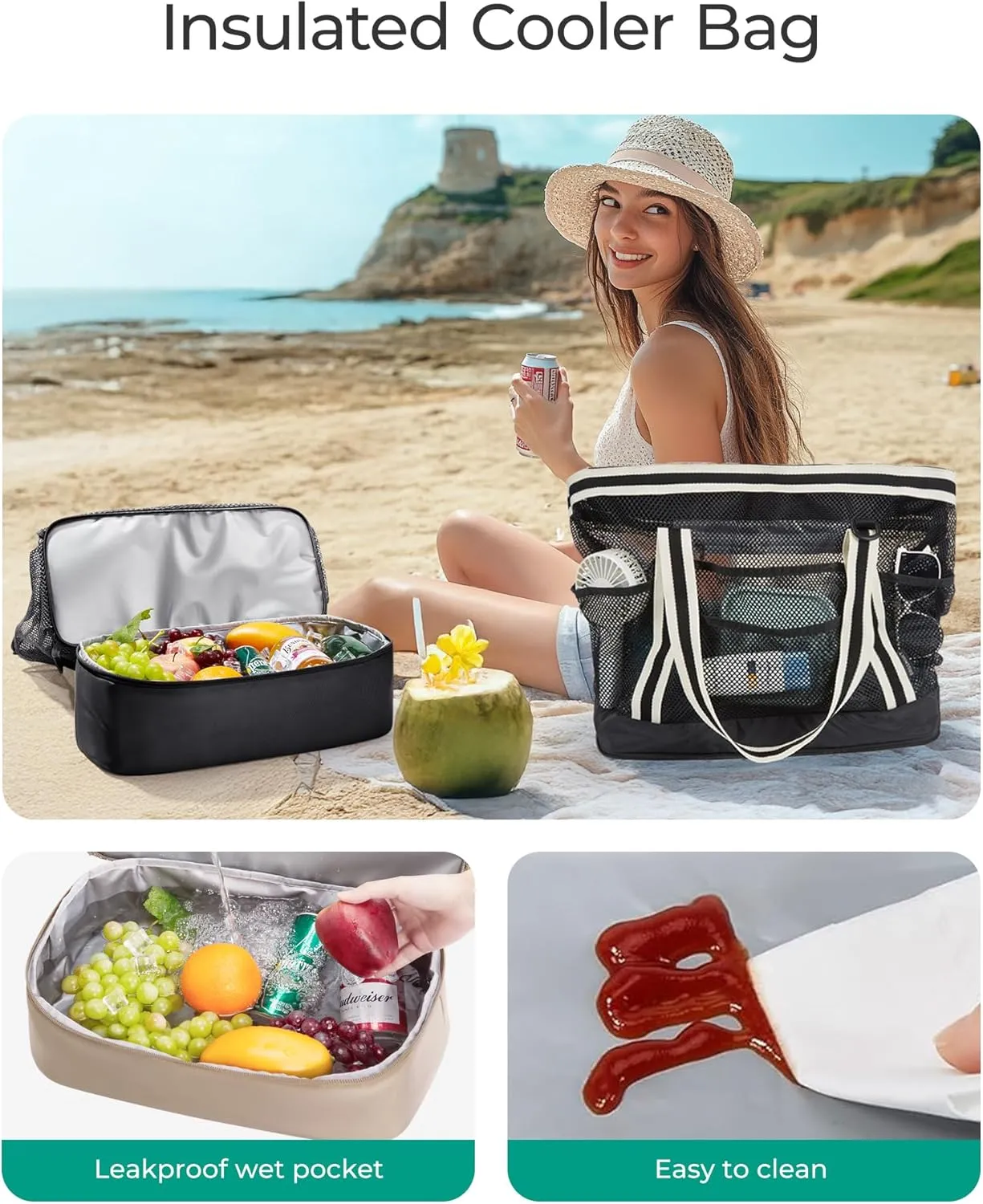 BAGSMART Beach Bag with Cooler, Mesh Beach Tote Bag with Zipper and Pockets Large Packable for Pool Swim Travel Essentials