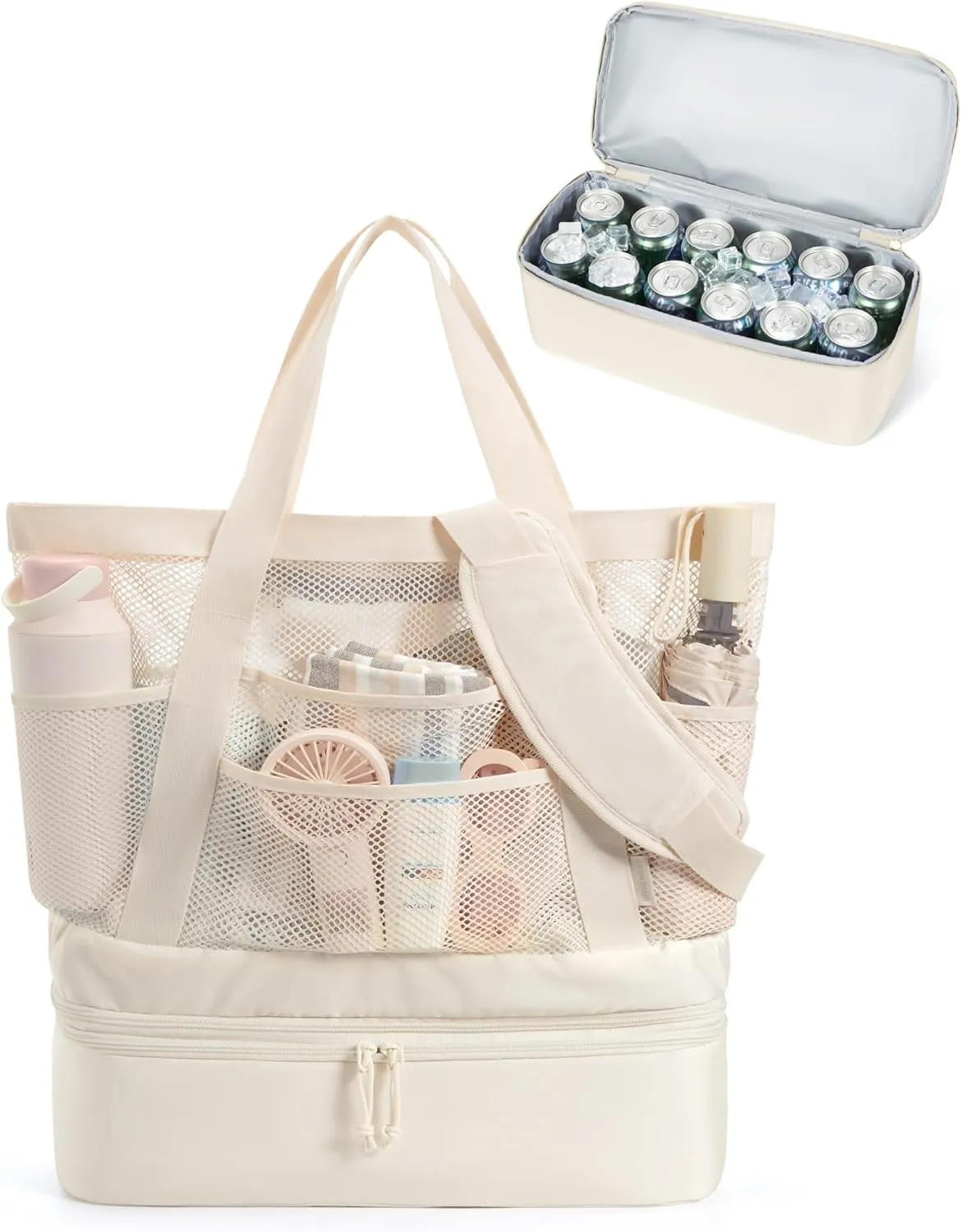 BAGSMART Beach Bag with Cooler, Mesh Beach Tote Bag with Zipper and Pockets Large Packable for Pool Swim Travel Essentials