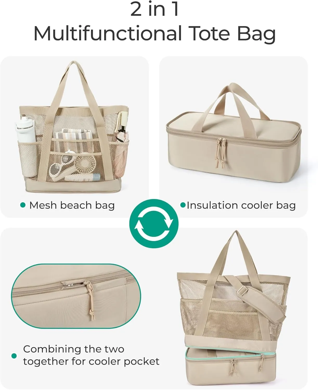 BAGSMART Beach Bag with Cooler, Mesh Beach Tote Bag with Zipper and Pockets Large Packable for Pool Swim Travel Essentials