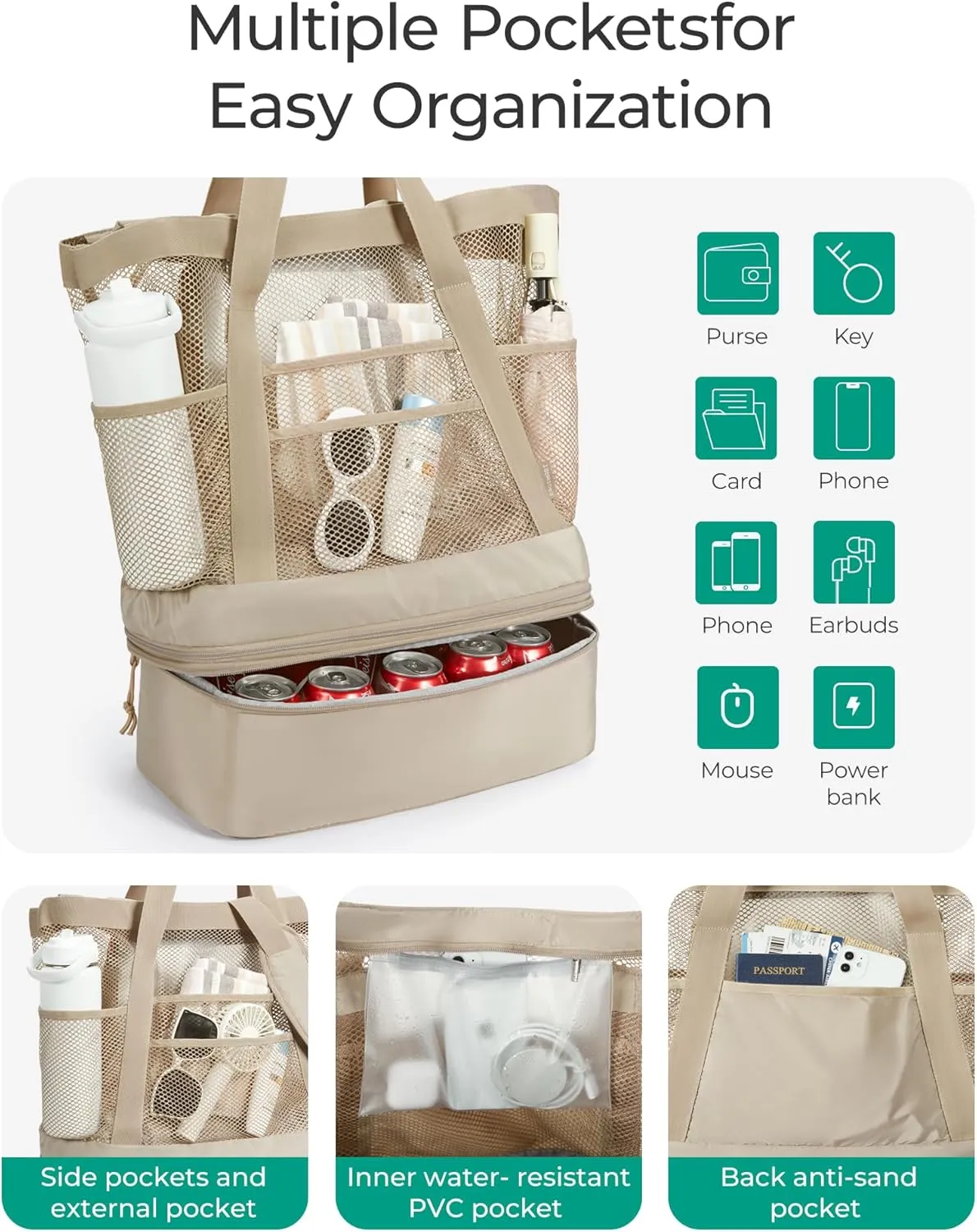 BAGSMART Beach Bag with Cooler, Mesh Beach Tote Bag with Zipper and Pockets Large Packable for Pool Swim Travel Essentials
