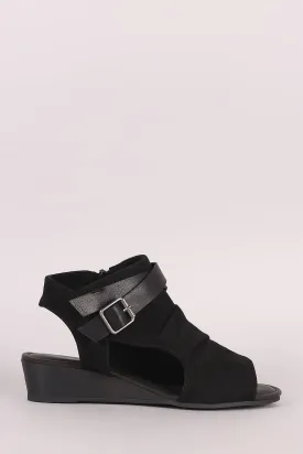 Bamboo Suede Crisscross Buckled Strap Cutout Wedge Sandal