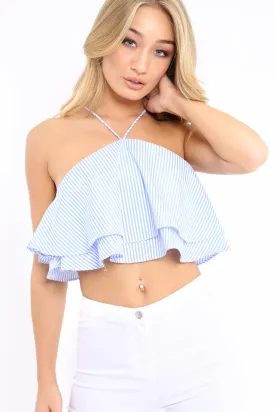 Blue Stripe Frill Halterneck Crop Top - Annabel