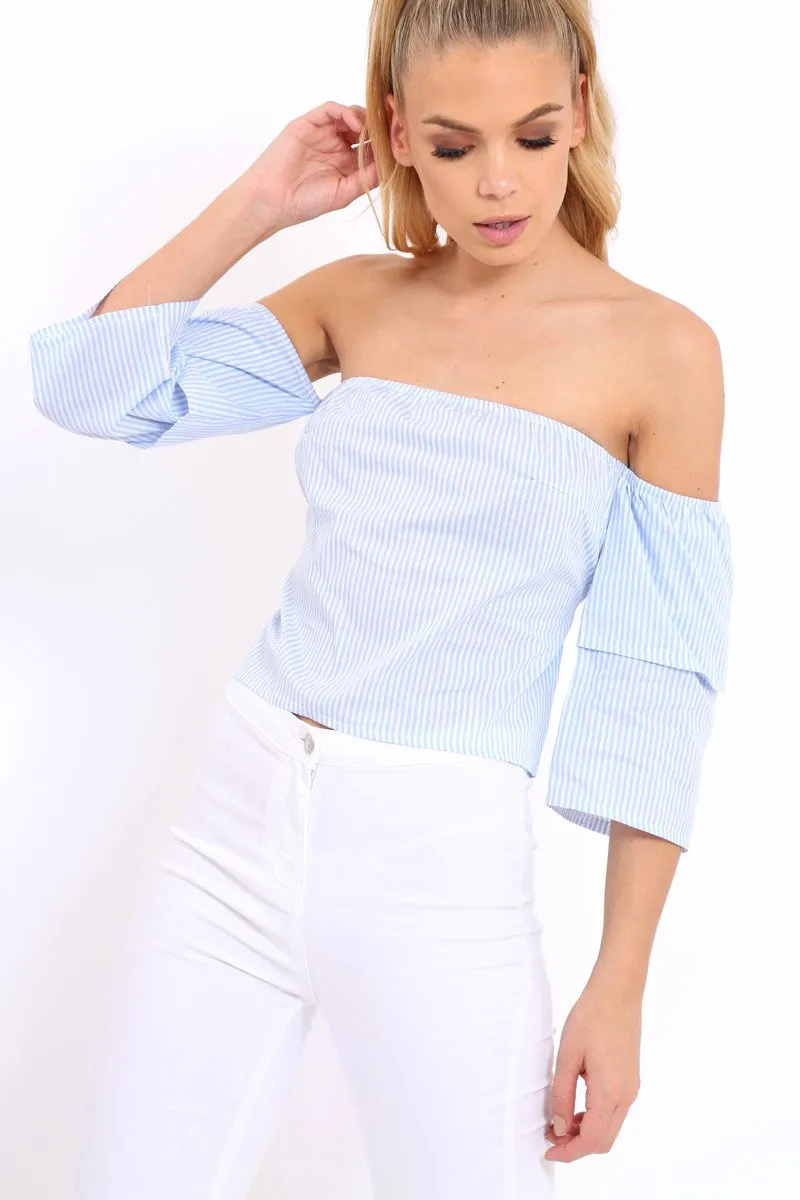 Blue Stripe Frill Off Shoulder Tie Crop Top - Halle