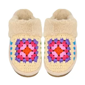Crochet Granny Square Fur Cuff Slippers - Beige
