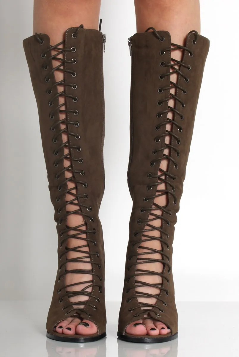 Devon Khaki Suede Knee High Boots