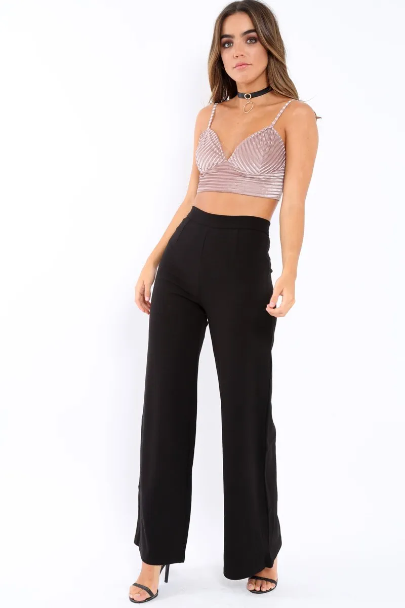 Dusty Pink Velvet Mesh Stripe Plunge Crop Top - Sachi