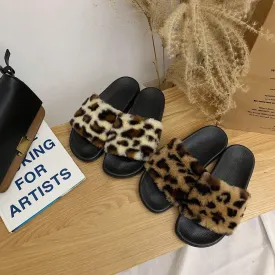 Leopard Print Faux Fur Black Flat Sole Slipper Sandals