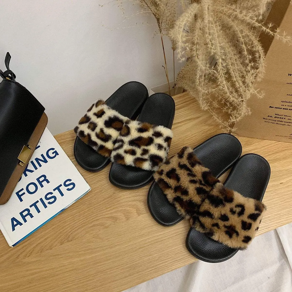 Leopard Print Faux Fur Black Flat Sole Slipper Sandals