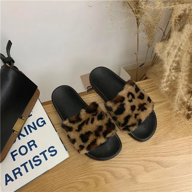 Leopard Print Faux Fur Black Flat Sole Slipper Sandals