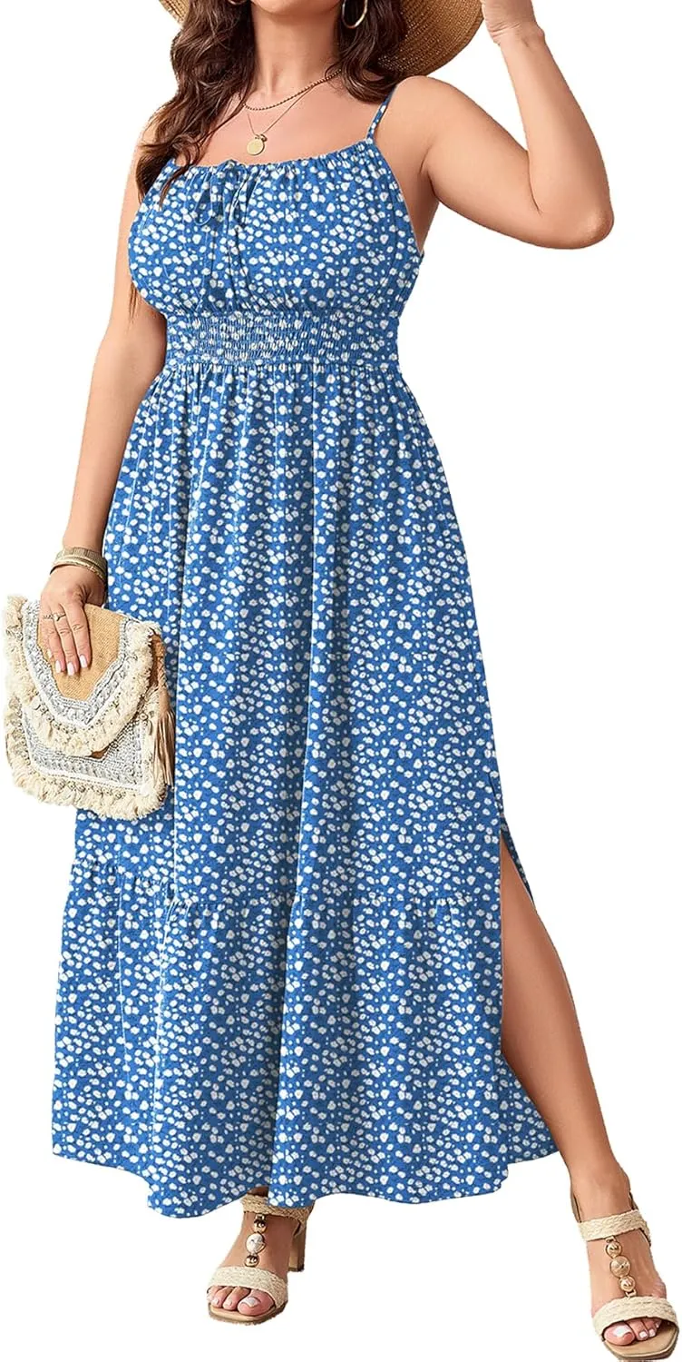 SCOMCHIC Plus Size Summer Boho Dresses Spaghetti Strap Sleeveless Casual Sundress Smocked Flowy Slit Beach Maxi Dress
