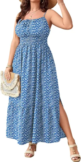 SCOMCHIC Plus Size Summer Boho Dresses Spaghetti Strap Sleeveless Casual Sundress Smocked Flowy Slit Beach Maxi Dress
