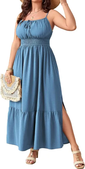 SCOMCHIC Plus Size Summer Boho Dresses Spaghetti Strap Sleeveless Casual Sundress Smocked Flowy Slit Beach Maxi Dress