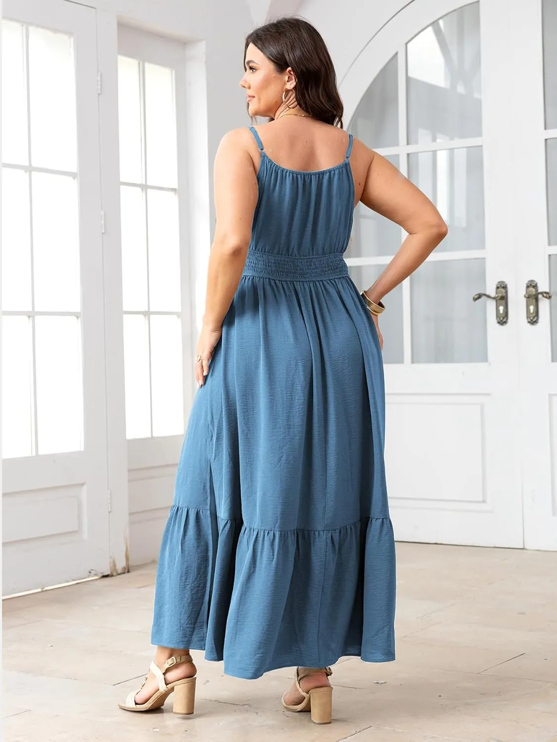 SCOMCHIC Plus Size Summer Boho Dresses Spaghetti Strap Sleeveless Casual Sundress Smocked Flowy Slit Beach Maxi Dress