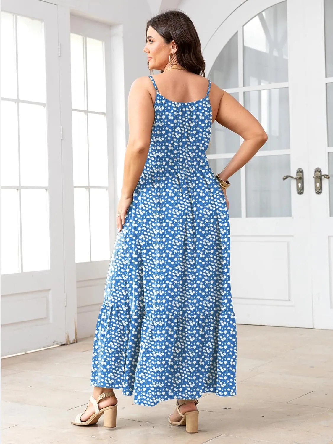 SCOMCHIC Plus Size Summer Boho Dresses Spaghetti Strap Sleeveless Casual Sundress Smocked Flowy Slit Beach Maxi Dress
