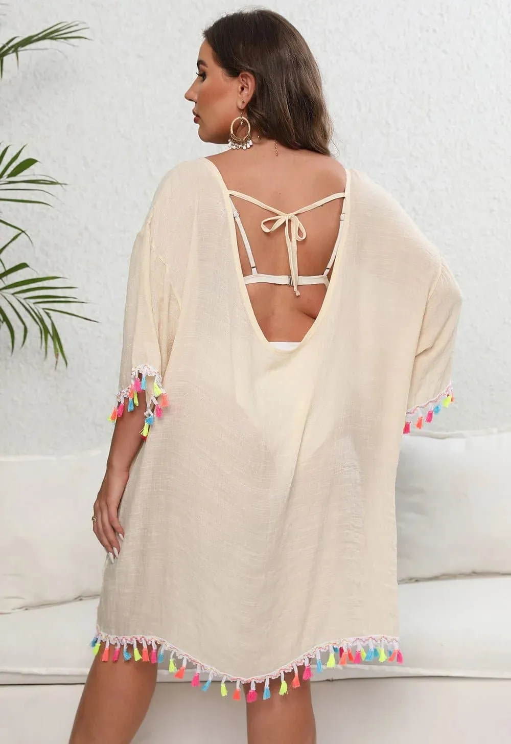 Tassel Beach Cover Up - Vibrant Solid Polyester Cover Up for a Stylish Beach Look