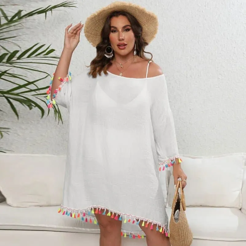 Tassel Beach Cover Up - Vibrant Solid Polyester Cover Up for a Stylish Beach Look