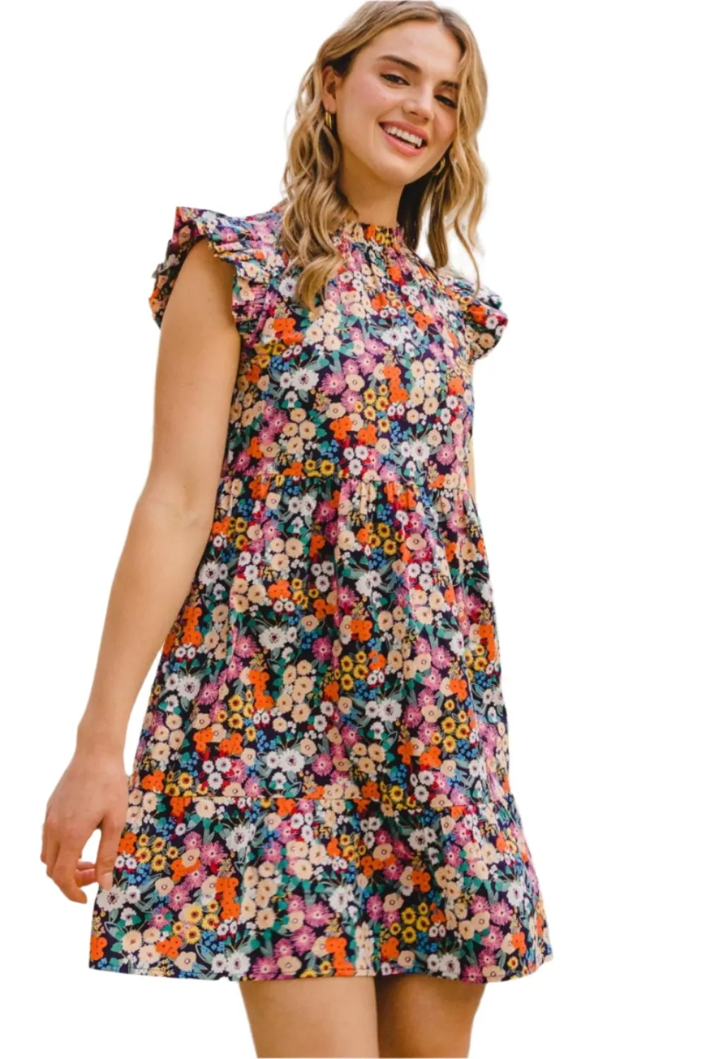 TEEK - Navy Multi Floral Ruffled Cap Sleeve Dress