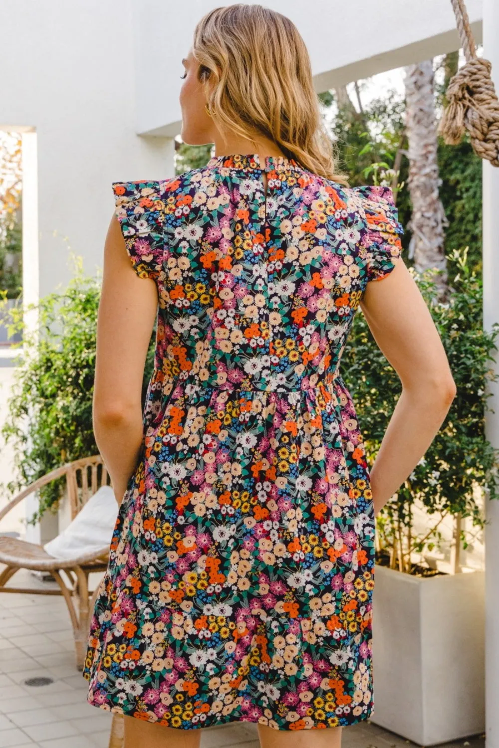 TEEK - Navy Multi Floral Ruffled Cap Sleeve Dress