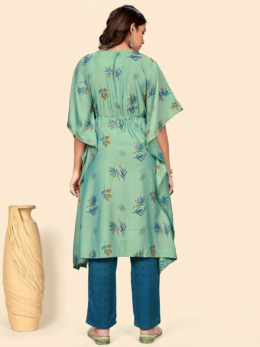 Women'S Embroidered & Mirror  Muslin See Green Stitched Kaftan Kurta With Pant Set