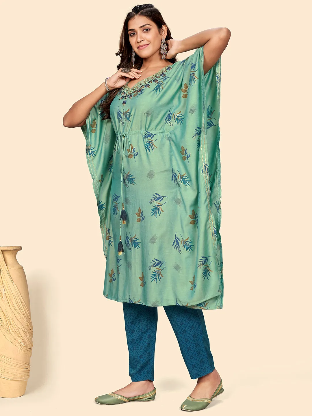 Women'S Embroidered & Mirror  Muslin See Green Stitched Kaftan Kurta With Pant Set