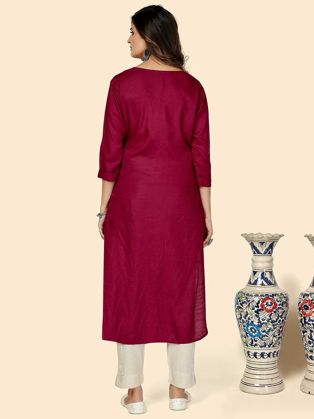 Women'S Embroidered Straight Cotton Purple Stitched Kurta