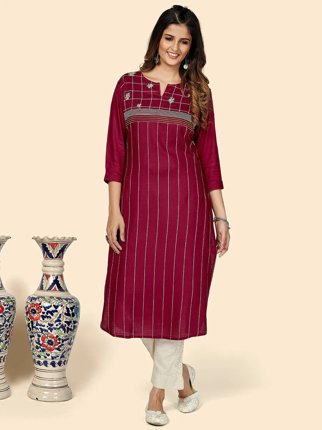Women'S Embroidered Straight Cotton Purple Stitched Kurta