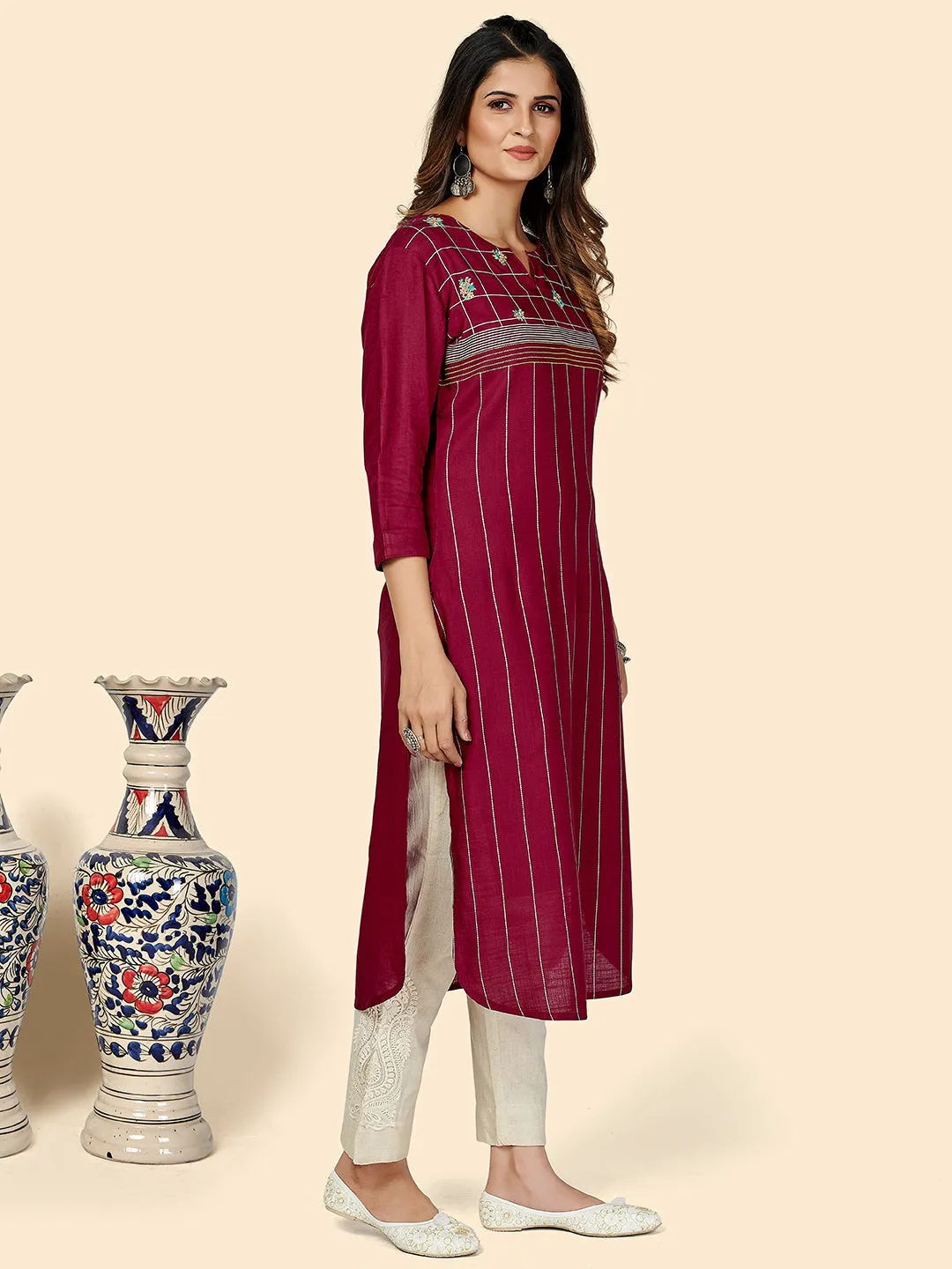 Women'S Embroidered Straight Cotton Purple Stitched Kurta