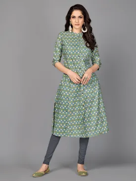 Women'S Floral Print A-Line Cotton Teal Stitched Kurta With Multiple Slit