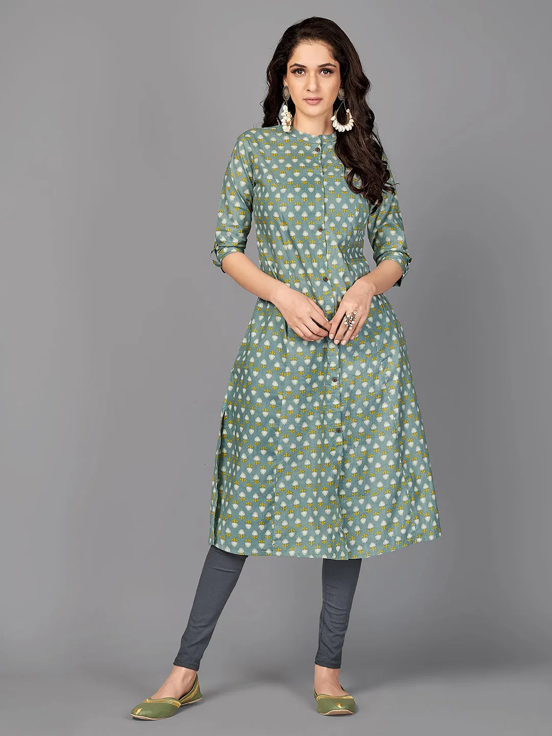 Women'S Floral Print A-Line Cotton Teal Stitched Kurta With Multiple Slit