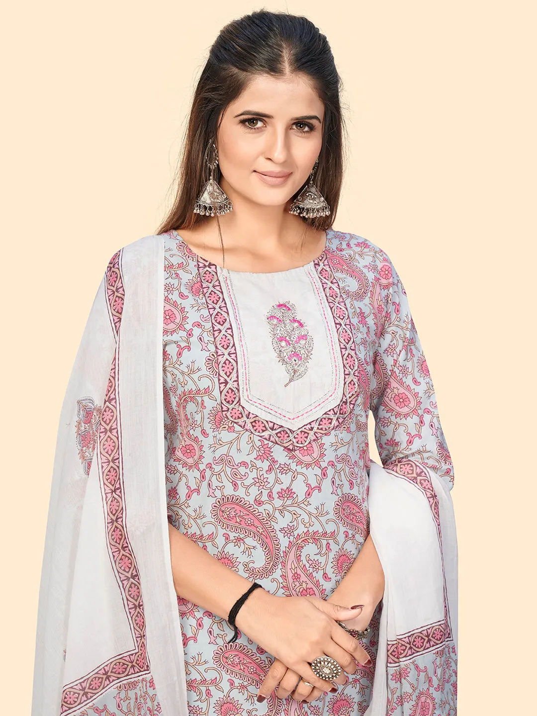 Women'S Print & Gota Patti Straight Cotton Beige Stitched Kurta Pant With Dupatta