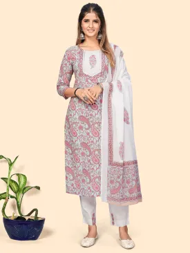 Women'S Print & Gota Patti Straight Cotton Beige Stitched Kurta Pant With Dupatta