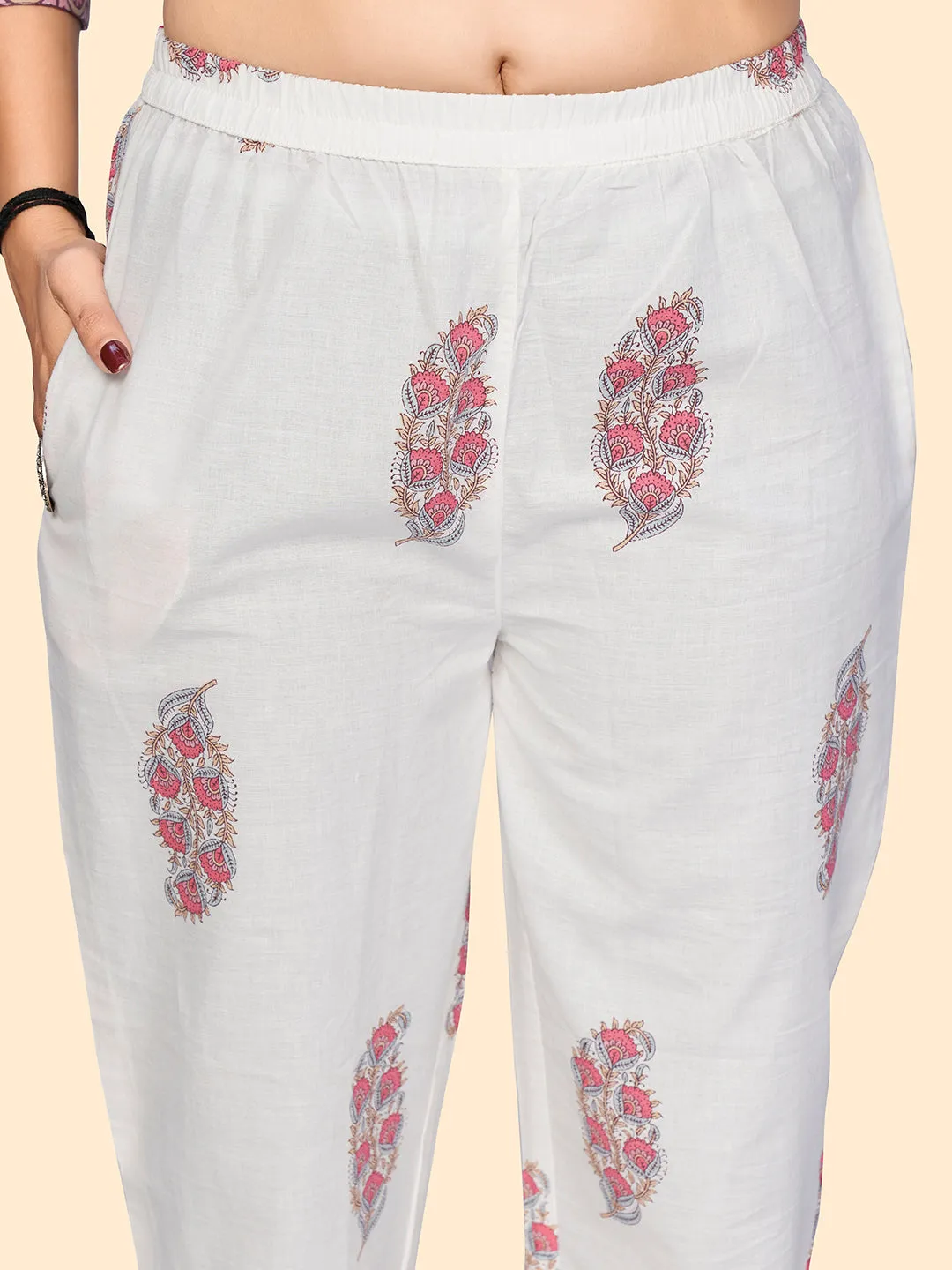 Women'S Print & Gota Patti Straight Cotton Beige Stitched Kurta Pant With Dupatta