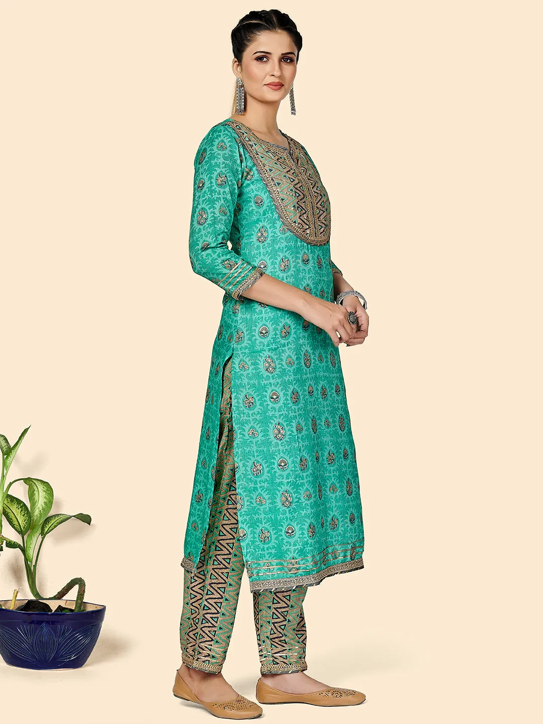 Women'S Printed & Gota Patti Work Straight Rayon Turquoise Stitched Kurta Pant With Dupatta