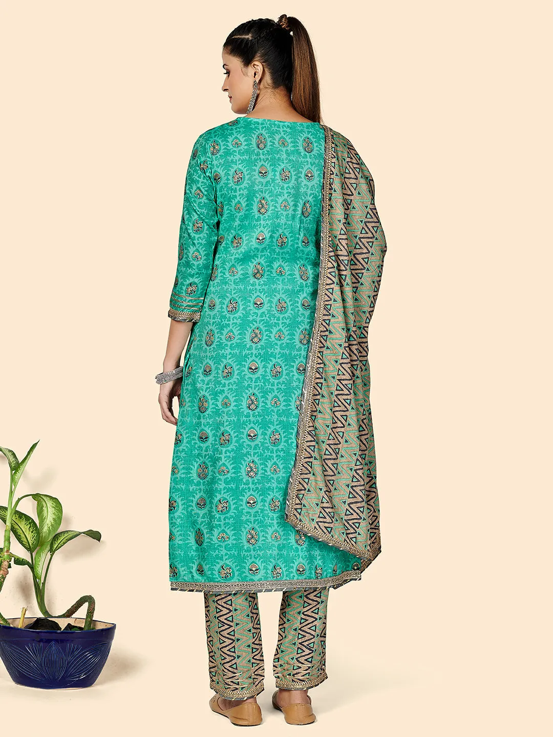 Women'S Printed & Gota Patti Work Straight Rayon Turquoise Stitched Kurta Pant With Dupatta