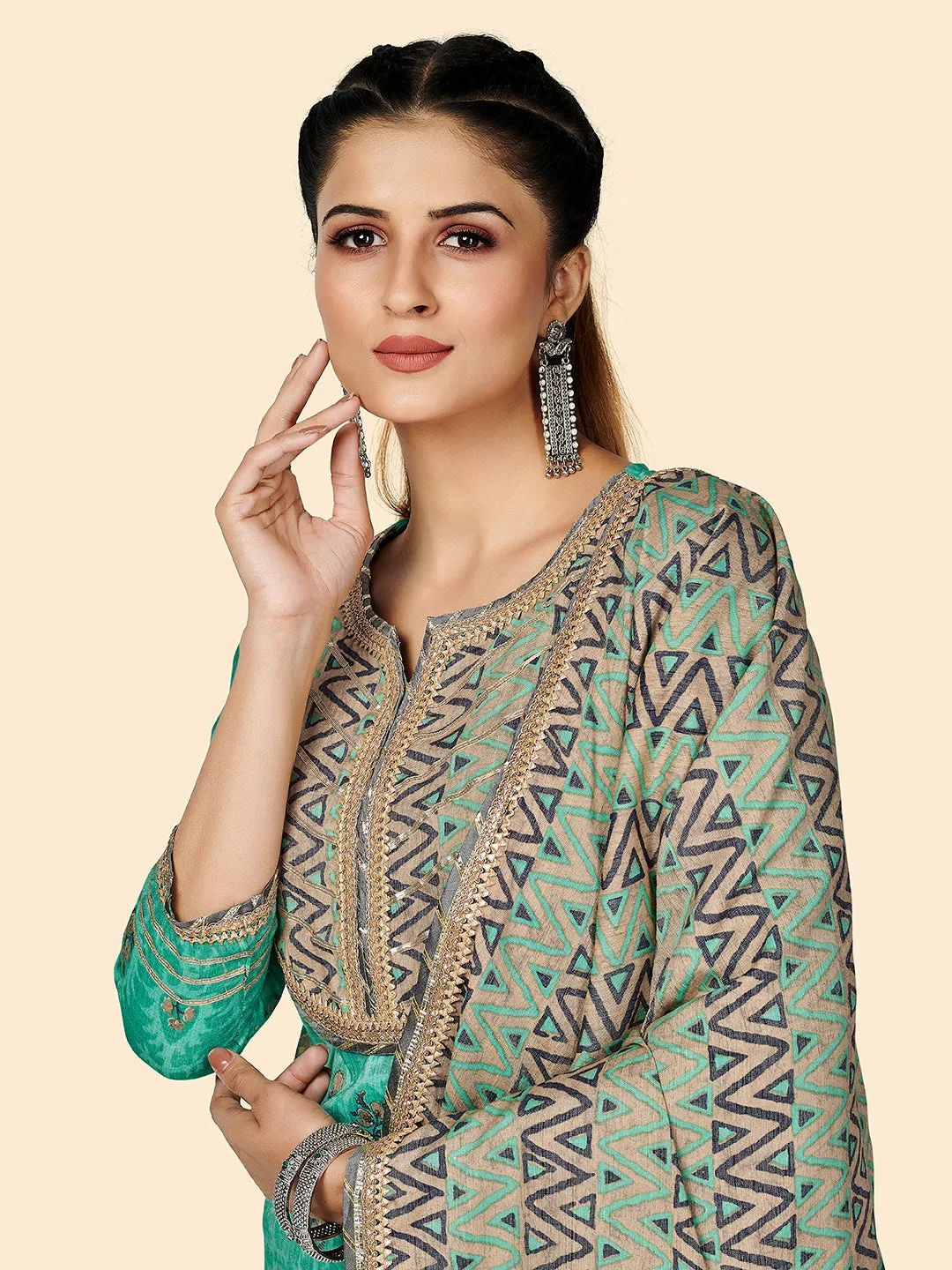 Women'S Printed & Gota Patti Work Straight Rayon Turquoise Stitched Kurta Pant With Dupatta