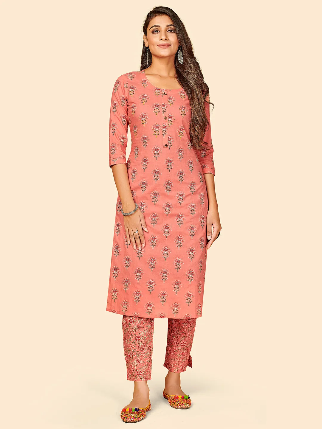 Women'S Printed & Hand Work Straight Cotton Peach Stitched Kurta With Pant