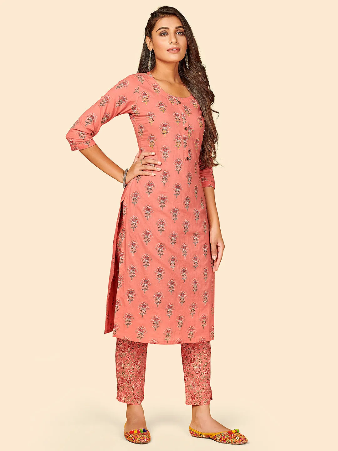 Women'S Printed & Hand Work Straight Cotton Peach Stitched Kurta With Pant