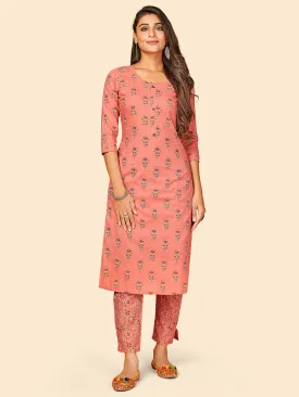 Women'S Printed & Hand Work Straight Cotton Peach Stitched Kurta With Pant