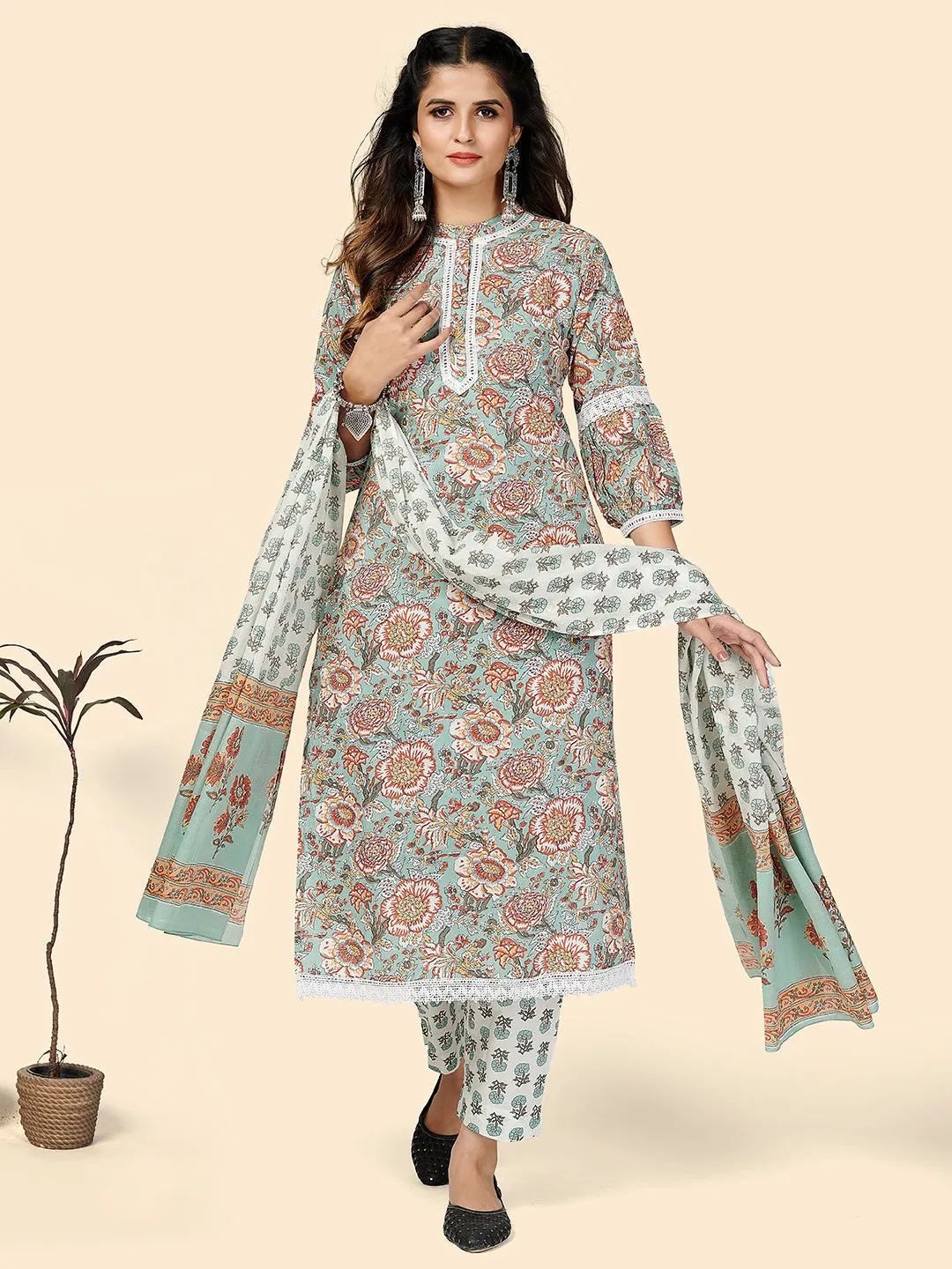 Women'S Printed & Lace Work Straight Cotton Turquoise Stitched Kurta Pant With Dupatta