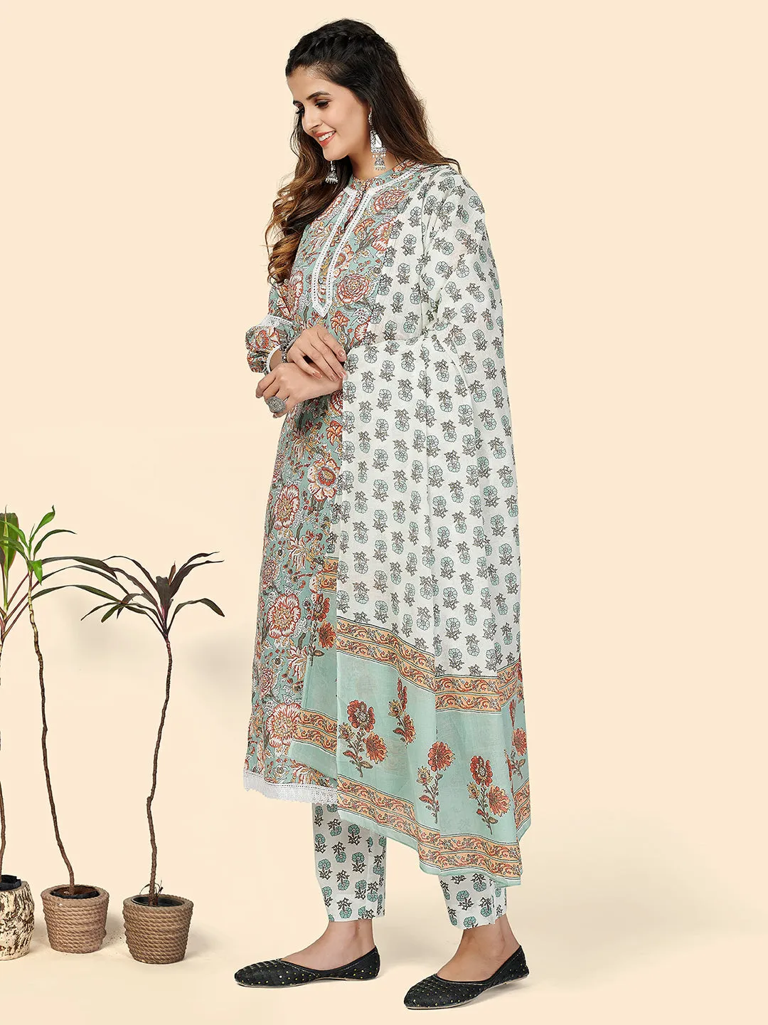 Women'S Printed & Lace Work Straight Cotton Turquoise Stitched Kurta Pant With Dupatta