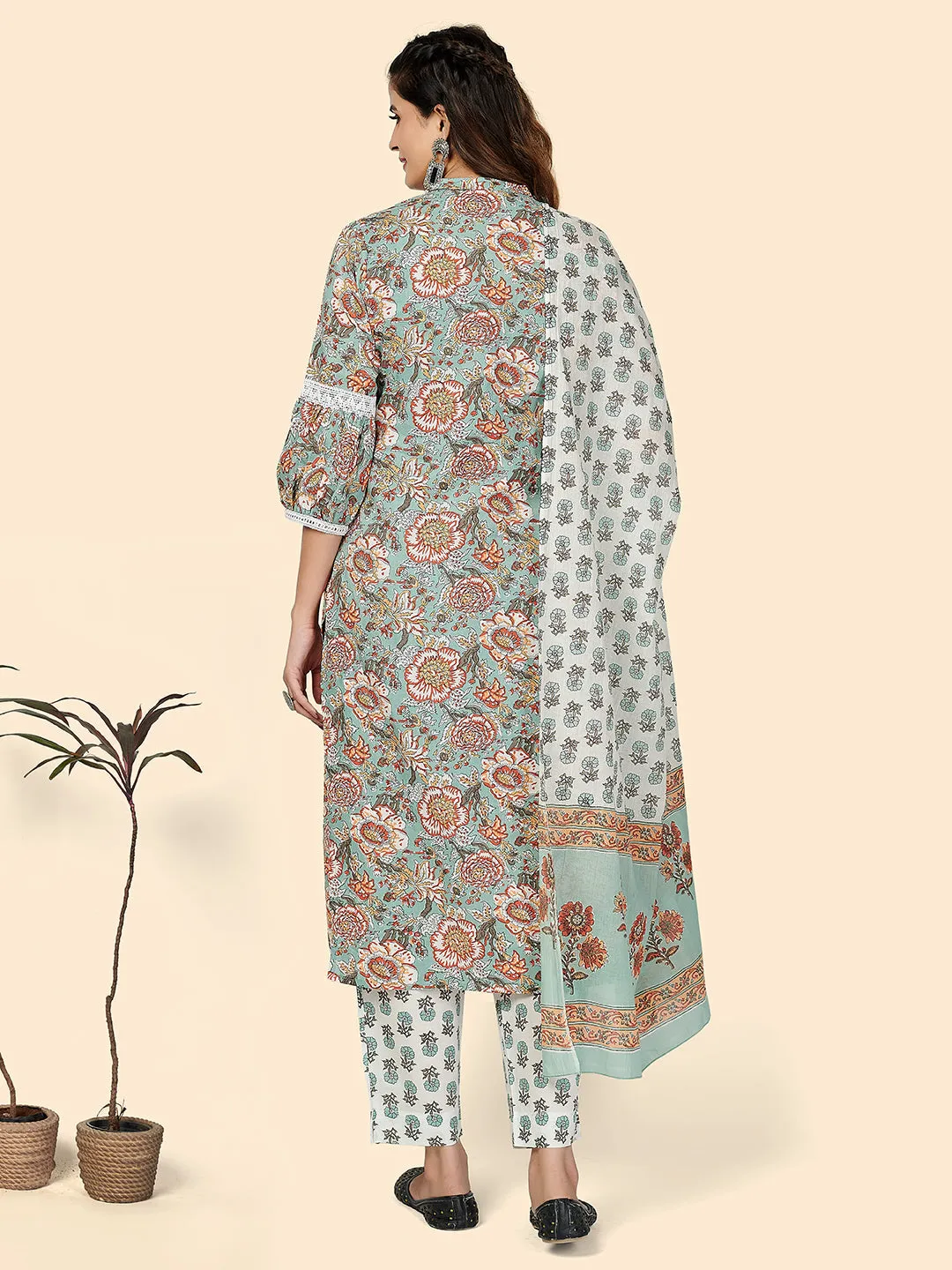 Women'S Printed & Lace Work Straight Cotton Turquoise Stitched Kurta Pant With Dupatta