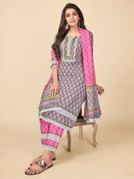 Women'S Printed & Lace Work Straight Rayon Grey Kurta Pant With Dupatta