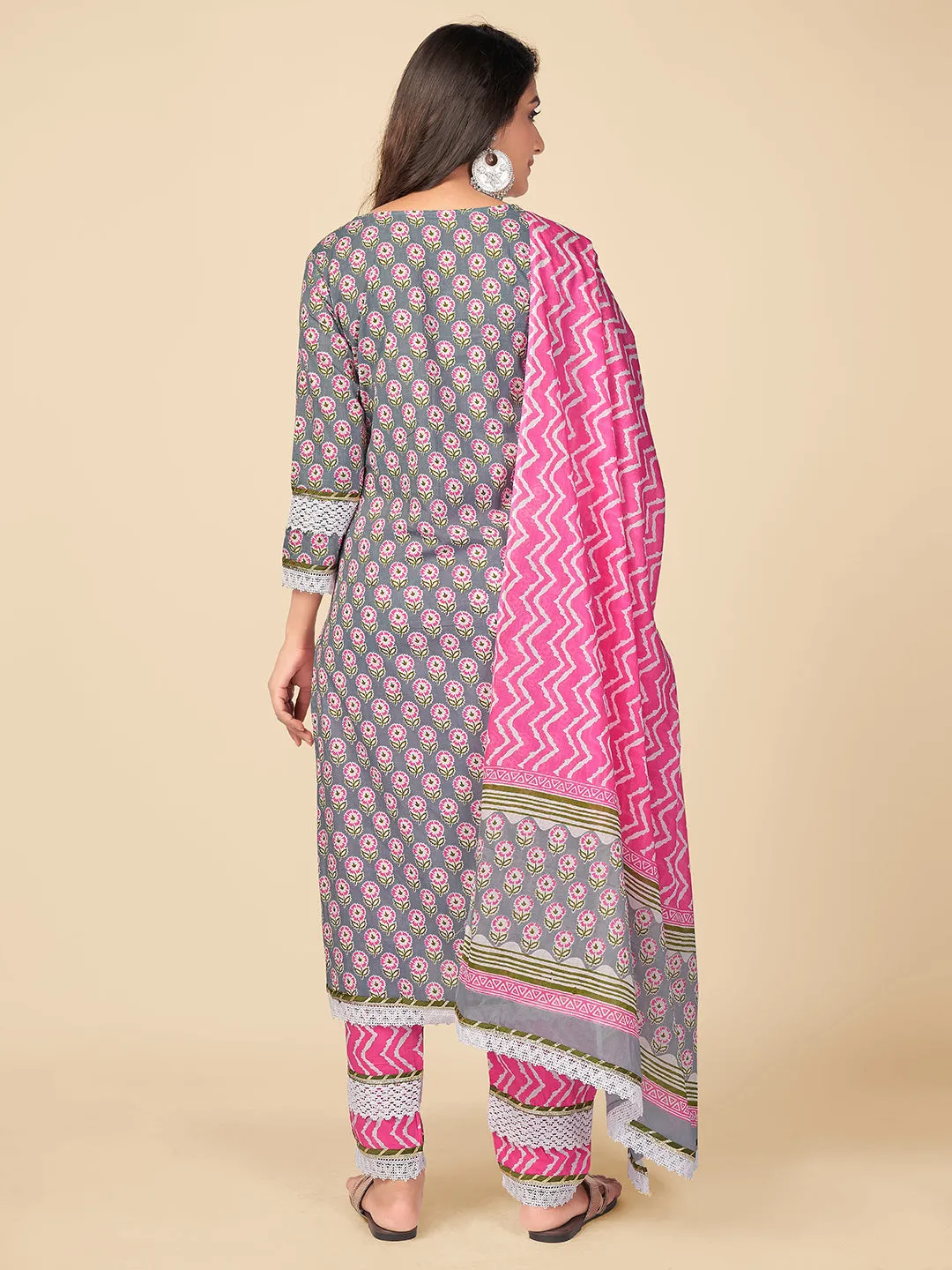 Women'S Printed & Lace Work Straight Rayon Grey Kurta Pant With Dupatta