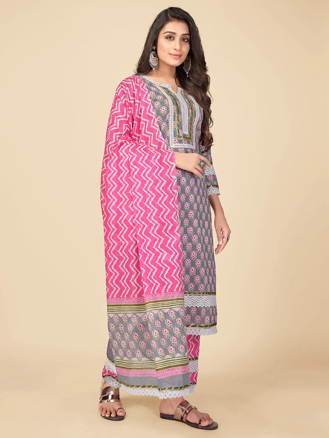 Women'S Printed & Lace Work Straight Rayon Grey Kurta Pant With Dupatta
