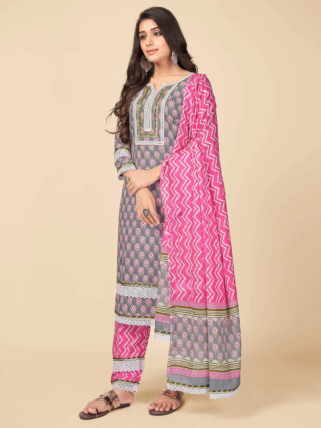 Women'S Printed & Lace Work Straight Rayon Grey Kurta Pant With Dupatta
