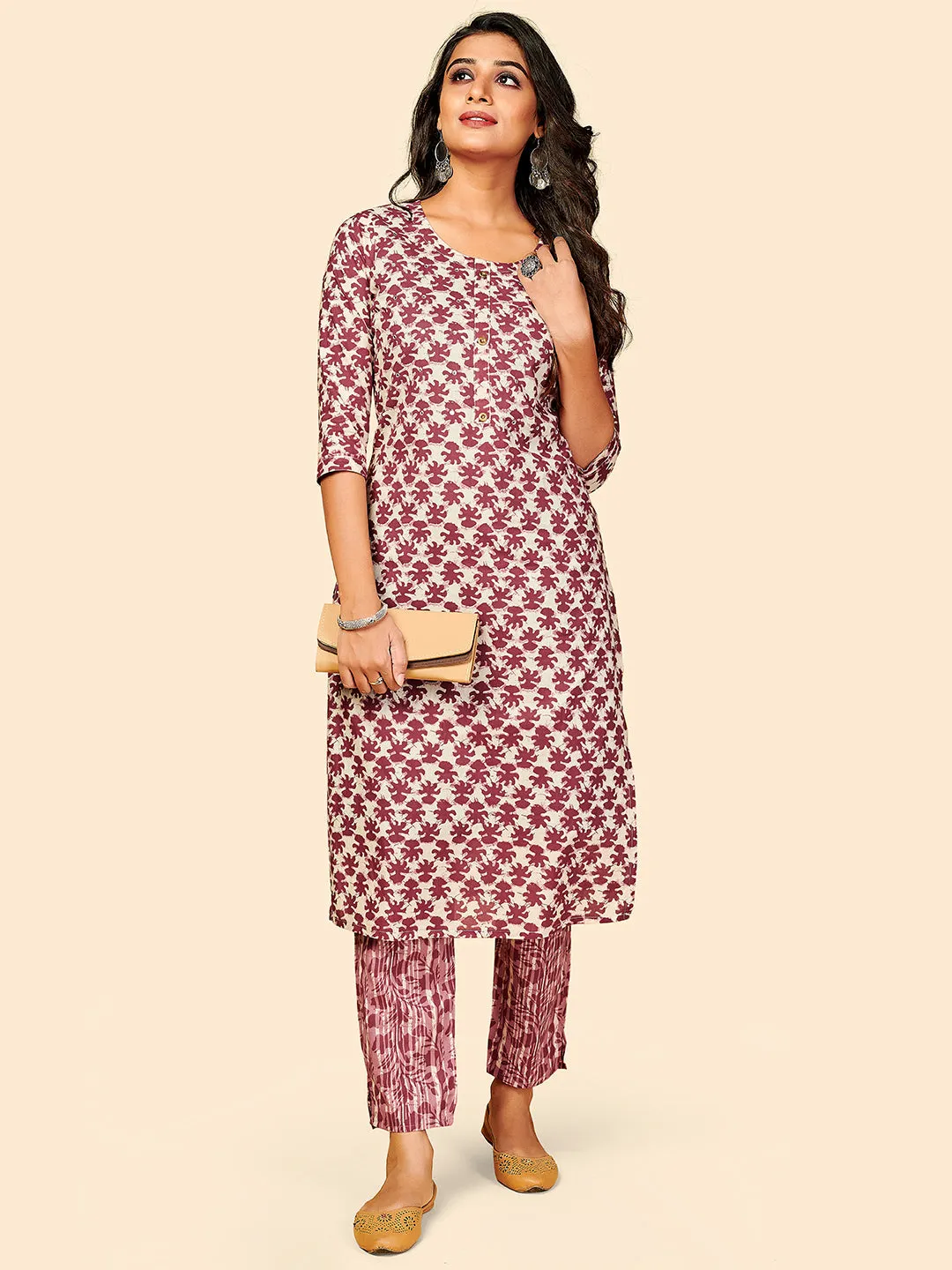 Women'S Printed & Mirror Work Straight Cotton Maroon Stitched Kurta With Pant